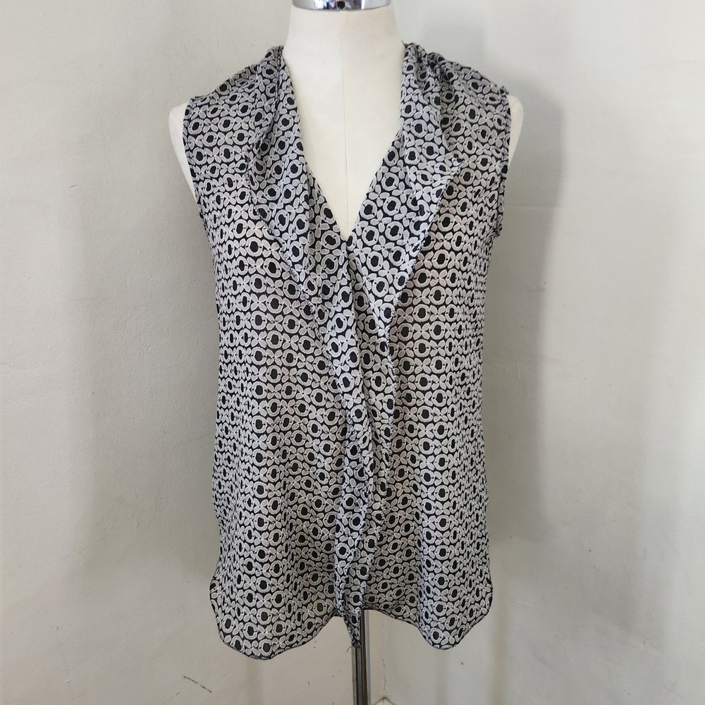 Max‎ Studio Black Grey Geometric Floral Ruffle Neck Sleeveless Blouse Small